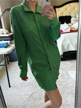 Stella Dallas Green Pleated Button-Front Shirt Dress